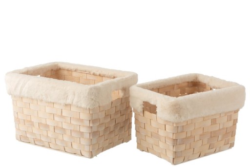 J-Line set of 2 rectangular baskets - faux fur/rattan - natural/white