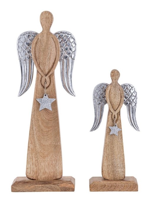 Decorative angel figure set of 2 12/16x32/47cm Christmas decoration stand mango wood aluminum