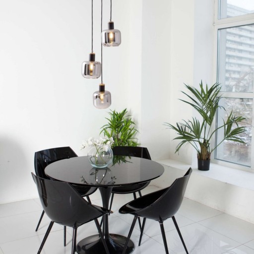 3 ceiling lamp "fumoso", pendant lamp made of metal and glass in black, with E14 socket, for dining room, living room, hall or office, hanging lamp total height 123 cm.