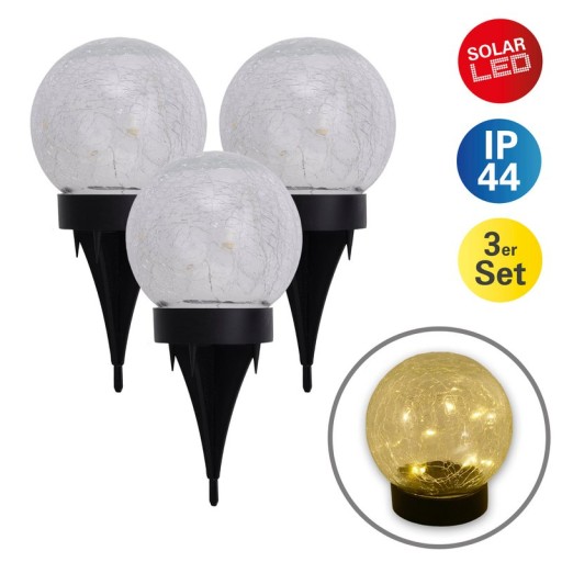 3 Set LED solar table lamp/ground skewer "Crackle" Ø 12cm, for outside, table lamp-plastic and glass, white, with integrated LED