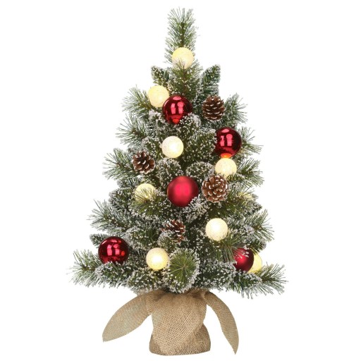 Kaprun Kunstkerstboom met LED | Groen Frosted & Rood | H60 x Ø39 cm | Compacte Decoratieve Kerstboom in Jute - Product afbeelding