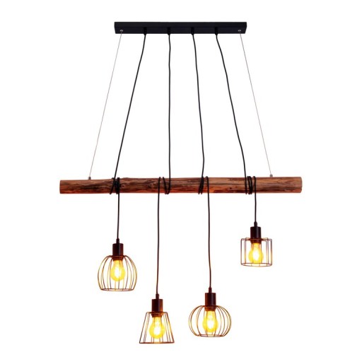 4 pendant lamp "Woodland", hanging lamp, metal and wood in black, and natural E27 socket, for dining room, living room, hallway or office, 100 cm long