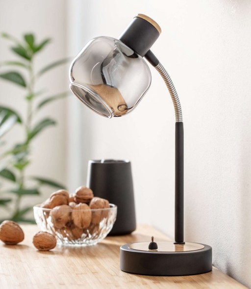 Table lamp "Fumoso", table lamp made of metal and glass in black, with E14 socket, for dining room, living room, hallway or office, table lamp 34 cm high
