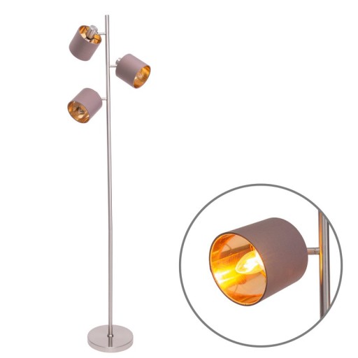 Stehleuchte "MARON" aus Metall satiniert-matt mit Stoffschirmen in Braun, mit E14-Fassung, für Esszimmer, Wohnzimmer, Diele oder Büro, Lampe für Wohnzimmer, Esszimmer, Flur und Büro, Stehllampe innen 153 cm hoch