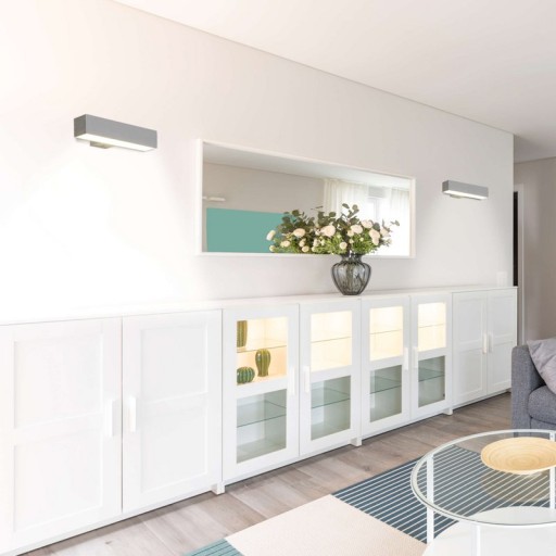 LED wall lamp "Dubai", modern wall lamp made of aluminum and plastic with firmly built -in LEDs, 45 cm long or high. Ideal for the illumination of entrance areas, corridors, for structuring large wall surfaces