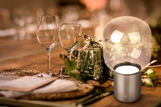 Akku-Tischleuchte "ALBERO" Deko-Tischleuchte aus chromfarbenem Metall und Glas mit fest verbauten LEDs, dimmbar mit Berührungssensor, 25 cm hoch