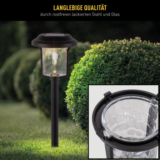 Solar-deco-earth spit "Simon" 54.7 cm high, made of black metal and structured glass, integrated LED, warm white.