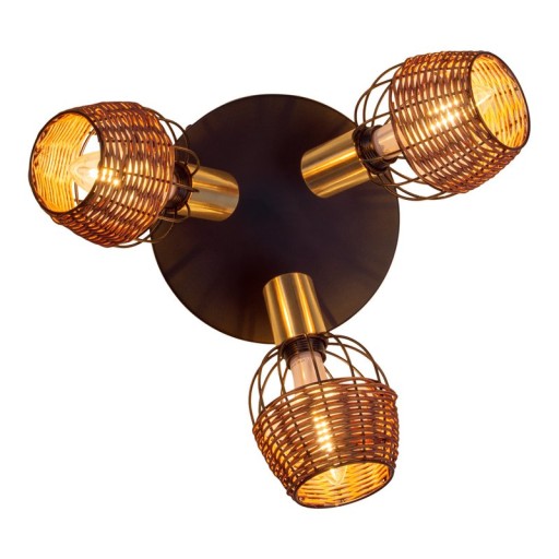 3 "Corbis" ceiling rondel, metal spot in black, with gold and rattan, with E14 socket, for dining room, living room, hallway or office, lighting for living room, dining room or office, 38 cm diameter