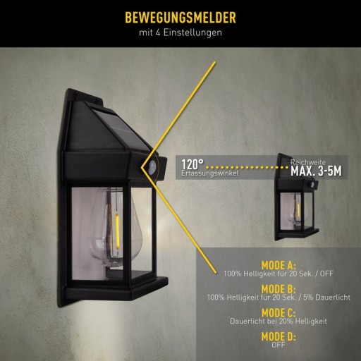 2 Set solar wall lamp "Mira" approx. 17 cm high, made of black weatherproof plastic, integrated LED in warm white, including motion detector and twilight sensor