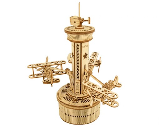 Music Box Wood DIY 3D Puzzle Airplane Control Tower, Robotime, AMK41, 19.5x19.5x25.1cm