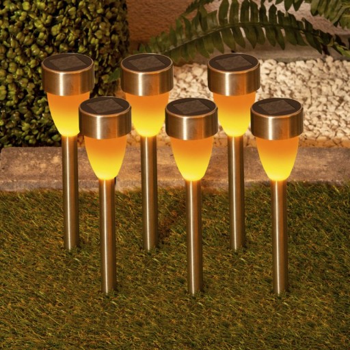 6 Set LED solar outer light with earth skewer made of stainless steel-colored metal and plastic, with integrated LED