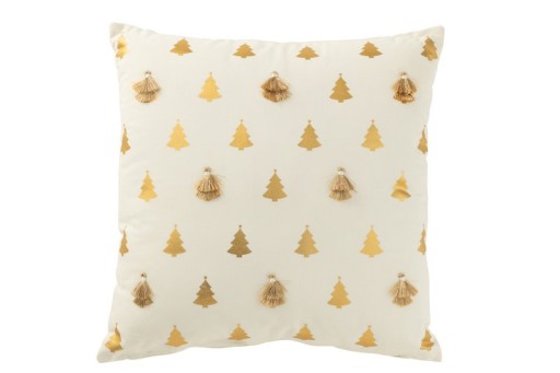 J-Line Cushion Christmas Trees Tassels Cotton White/Gold