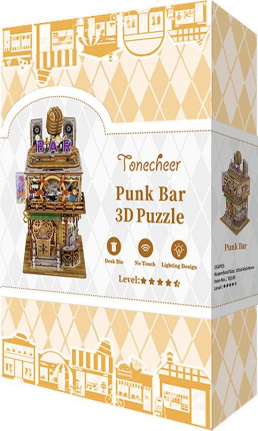 Tone-Cheer DIY 3D Houten Puzzel Desk Bin, Punk Bar, TQ183,15x14x25cm