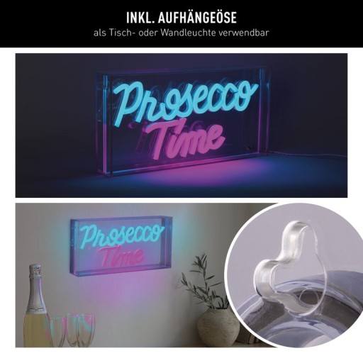 LED font light "Prosecco Time" decoration for inside 30 x 15 cm, in blue and magenta-red