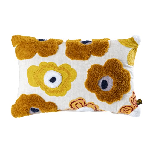 Bethanie Gele Rechthoekige Katoenen Kussenhoes | Geborduurde Bloemen 60x40 cm - Product afbeelding