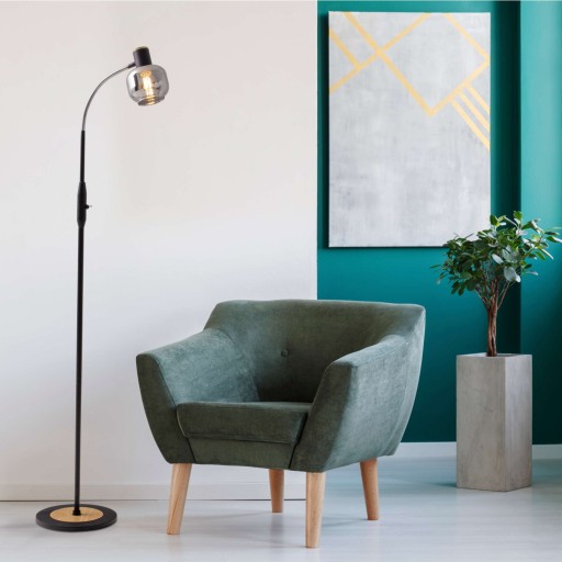 Glas-stand-lamp "Fumoso", vloerlamp gemaakt van metaal en glas in zwart, met E14-aansluiting, voor eetkamer, woonkamer, hal of kantoor, vloerlamp binnen, 150 cm hoog.