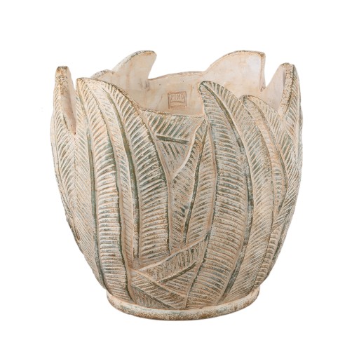 Noami Cementen Bloempot | Cream, Rond met Bladpatroon, XXL 40x40 cm - Product afbeelding