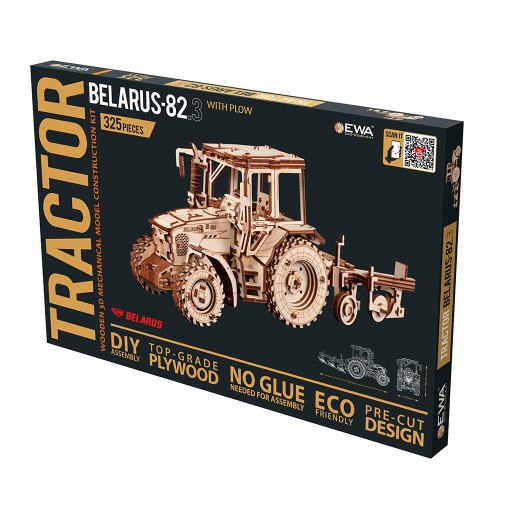 Eco Wood Art (EWA) 3D Mechanische Puzzel Tractor Belarus 82.3 met Ploeg (Plow), 3892, 36,2x11,8x15,6cm