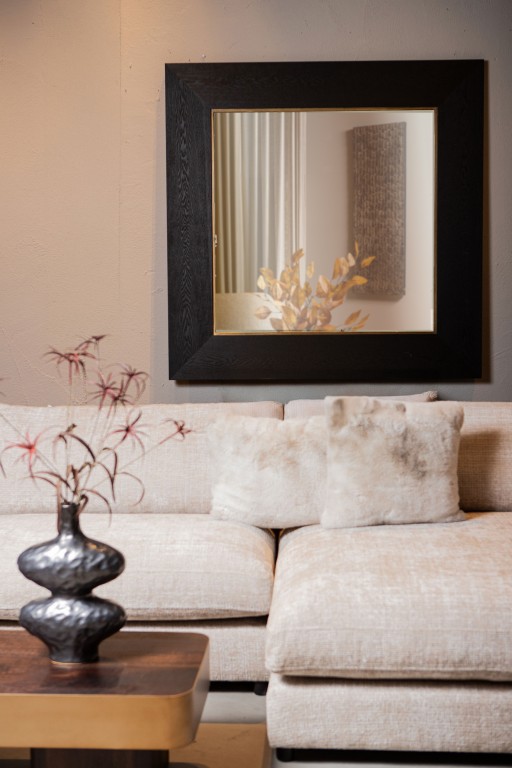 Tiess Black Wooden Veneer Mirror Square Gold Rim