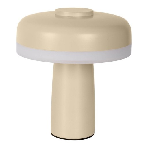 Cordless table light "Pilu", 16.5 cm high, above Ø of 15 cm, metal in the color frost allmond, white plastic, integrated LEDs, 280 lumens, dimmable by touch sensor, warm white