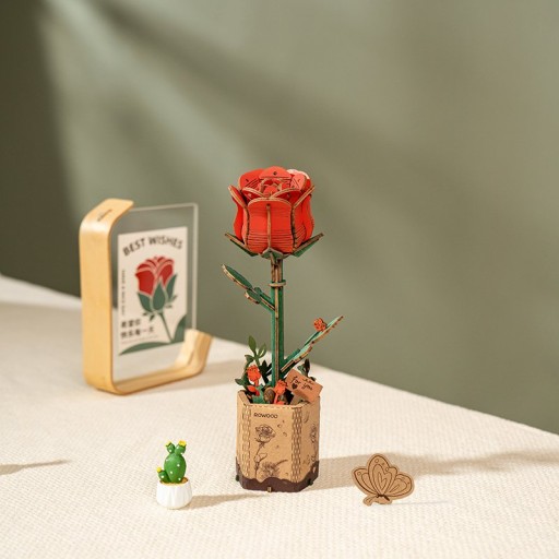 Robotime, DIY Houten Bloem Red Rose, Rode Roos, TW042, 8,5x6,5x21cm