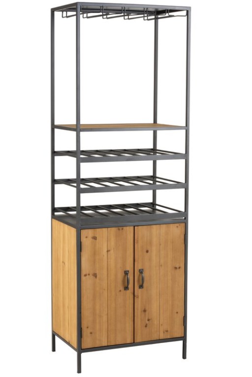 J -Line Cabinet Wine Bottles + Glasses - Metal/Wood - Natural