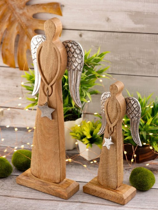 Decorative angel figure set of 2 12/16x32/47cm Christmas decoration stand mango wood aluminum