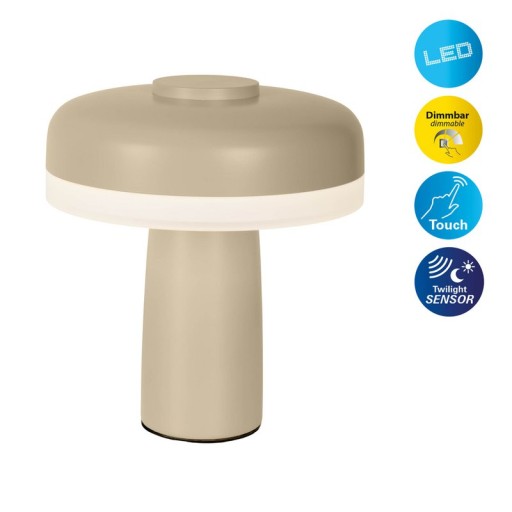 Cordless table light "Pilu", 16.5 cm high, above Ø of 15 cm, metal in the color frost allmond, white plastic, integrated LEDs, 280 lumens, dimmable by touch sensor, warm white