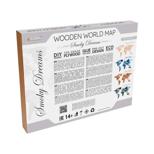 Eco Wood Art (EWA) Houten Wandpuzzel Wereldkaart Smoky Dreams, Size M, 2673,144x79x1,2cm