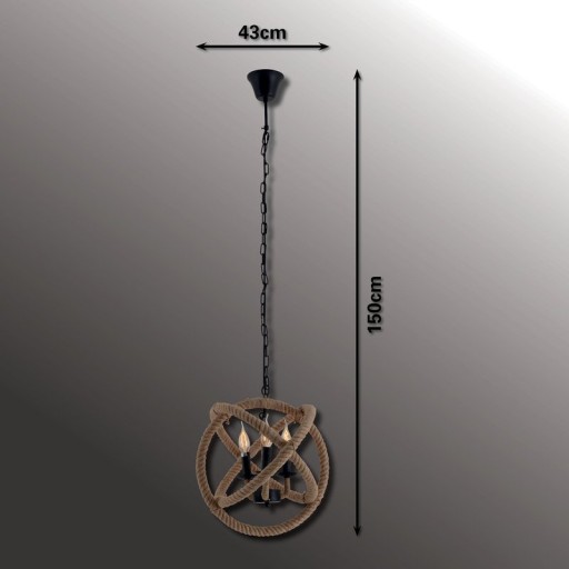 Pendant lamp "Regia", black metal, hemp rope, E27 socket, lighting for living room, dining room or office, 43 cm diameter