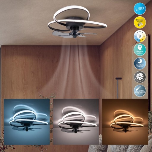 Die moderne LED Deckenleuchte "LECCIO" inklusive Ventilator, Nachtlichtfunktion, Dimmung und Lichttemperatureinstellung ist mit fest verbauten LEDs bestückt und hat einen ungefähren Øvon 58 cm.