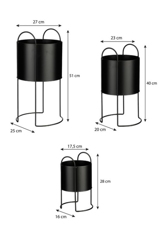 Petry flowerpot on standard - Set of 3 - L27 x B25 x H51 cm - Metal - Black