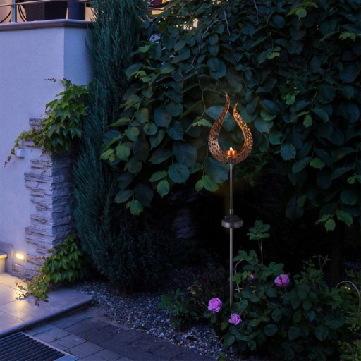 LED solar earth spit "Flame"-outer and spit made of metal and plastic in brown, with integrated LED