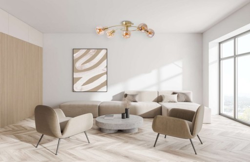 5er Spot/Deckenleuchte "LIBBY" Messing, klassische Deckenlampe aus messingfarbenem Metall und getöntem Glas in Amber, mit E14-Fassung, für Esszimmer, Wohnzimmer, Diele oder Büro, 65,5 cm lang