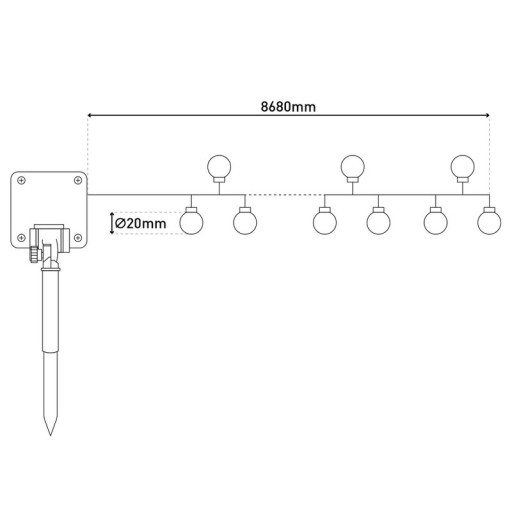 Outdoor light chain with decorative balls in glass look, 868 cm long, warm white,