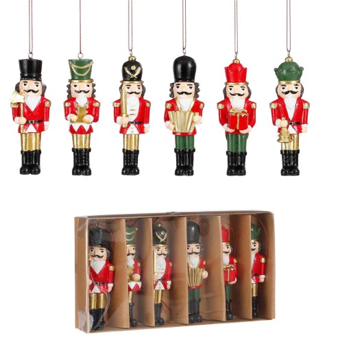 Kerstornament Notenkraker - Set van 6 - L4 x B2 x H11 cm - Polyester - Rood