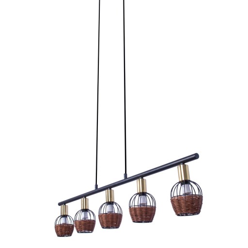 5 hanglamp "Corbis", echtelijke lamp gemaakt van zwart in zwart, met goud en rotan, met E14 -aansluiting, voor eetkamer, woonkamer, gang of kantoor, 100 cm lang