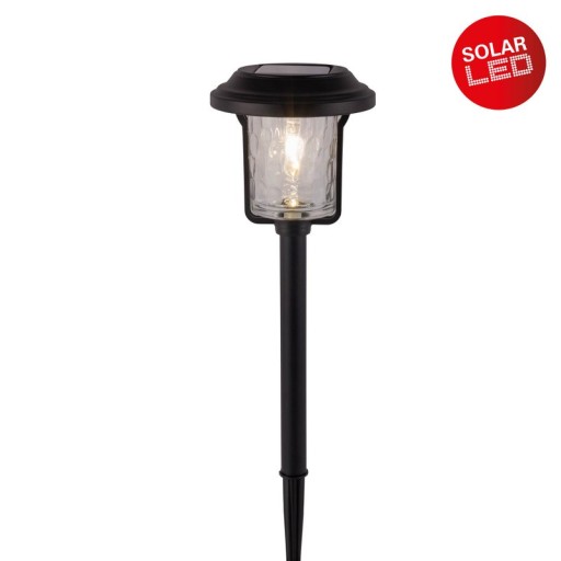 Solar-deco-earth spit "Simon" 54.7 cm high, made of black metal and structured glass, integrated LED, warm white.