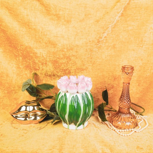 VASE-TULIPS- Dolomiet-lichtroze/ groen-12,5x12,5x16cm