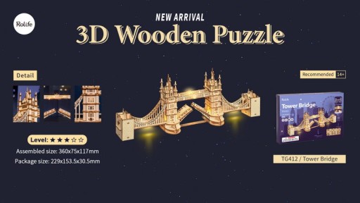 3D Wooden Puzzle, Tower Bridge incl. lighting, Robotime, TG412, 36x7.5x11.1cm