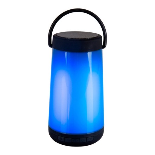 LED table light with BT speaker "Festa" for outdoor area made of black plastic with integrated LEDs, 18 cm high