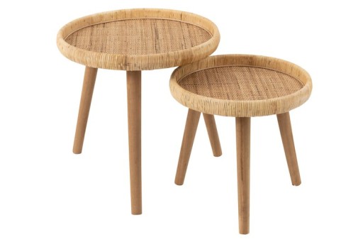 J-Line Set van 2 Tafel "Lurne" | Hout & Jute | Naturel | Botanische Stijl