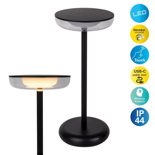 Cordless tablet light "Pasi" for outside and inside, made of metal and plastic in black, dimmable, with touch and memory function, approx. 26 cm high