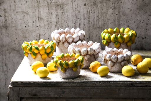 Latesha Cream Round Cement Pot With Lemons L