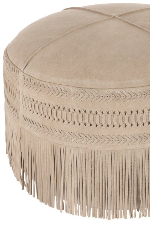 J-Line Pouf Fringes Round Leather Light Gray