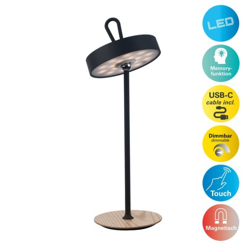 LED battery table lamp magnetic for outside and inside, made of metal and plastic in black, 36 cm high