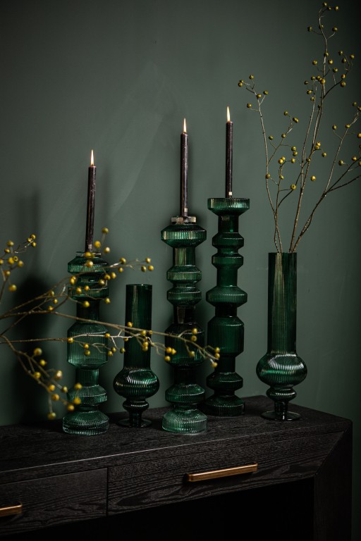 Keala Dark Green Round Ribbed Glass Vase On Base L