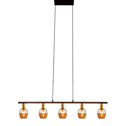 5 hanglamp "Corbis", echtelijke lamp gemaakt van zwart in zwart, met goud en rotan, met E14 -aansluiting, voor eetkamer, woonkamer, gang of kantoor, 100 cm lang