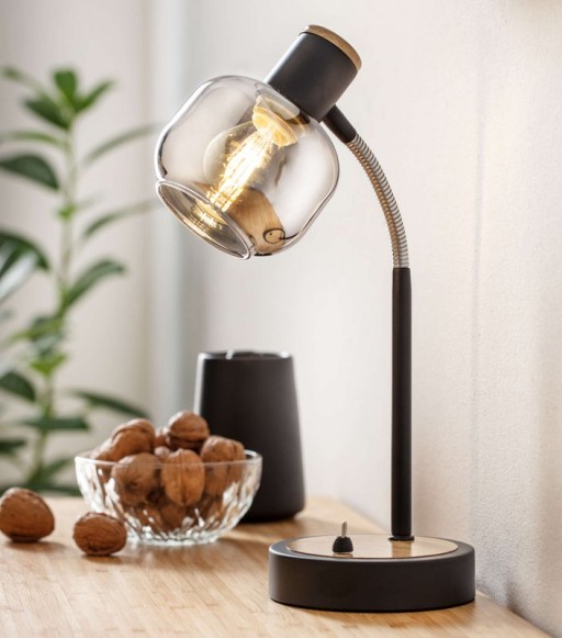 Table lamp "Fumoso", table lamp made of metal and glass in black, with E14 socket, for dining room, living room, hallway or office, table lamp 34 cm high