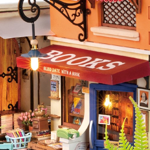 Robotime, DIY Huisje Corner Bookstore met LED verlichting, DG164, 25x16,7x18cm